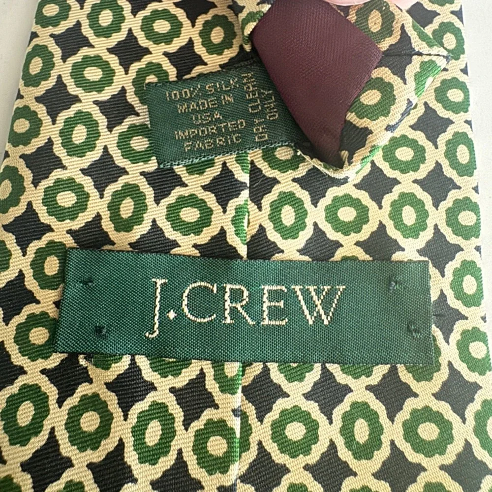 J.Crew Necktie Mens OS Green Navy‎ Geometric Medallion 100% Silk Hand Made USA
